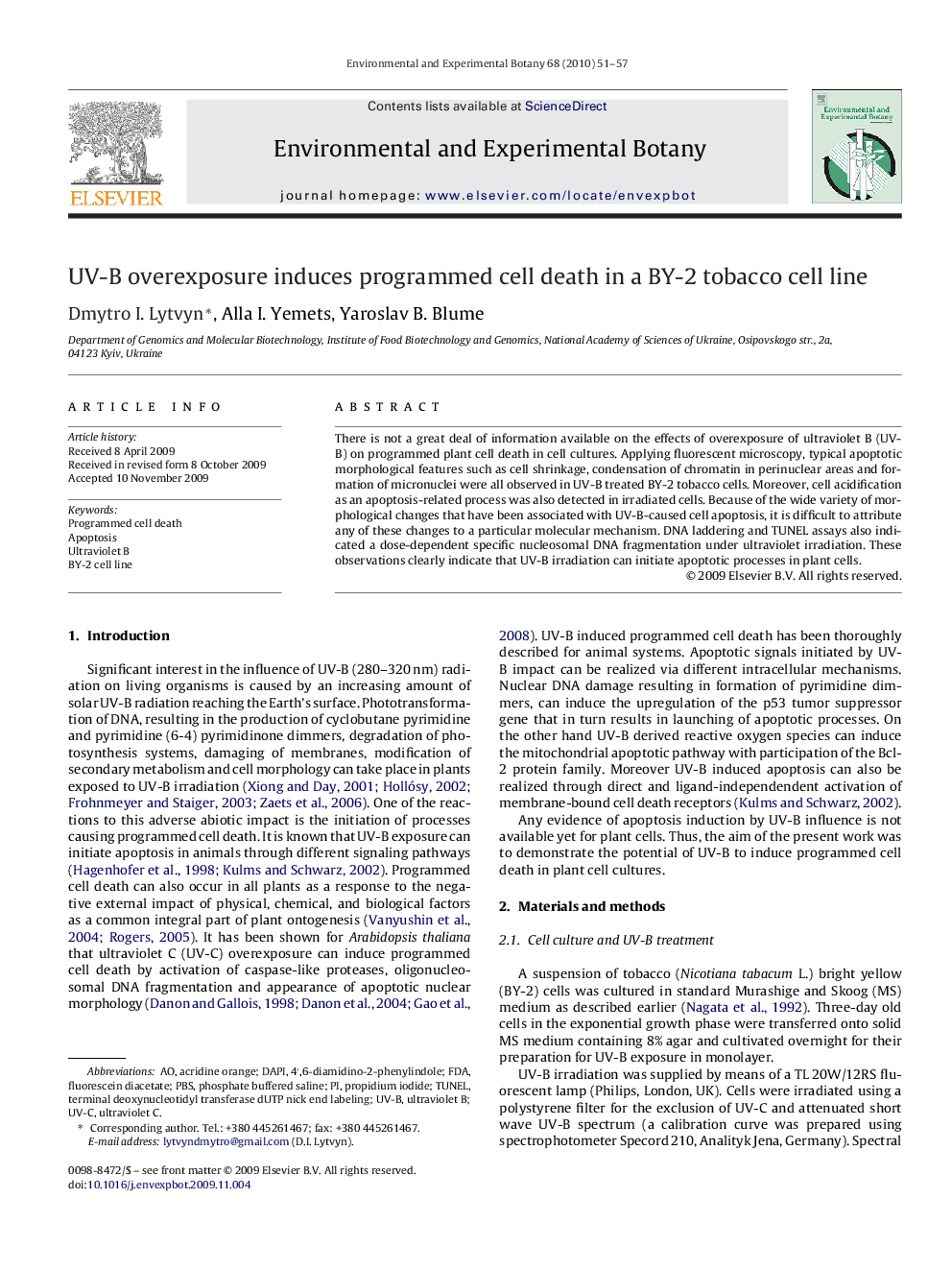 UV-B overexposure induces programmed cell death in a BY-2 tobacco cell line