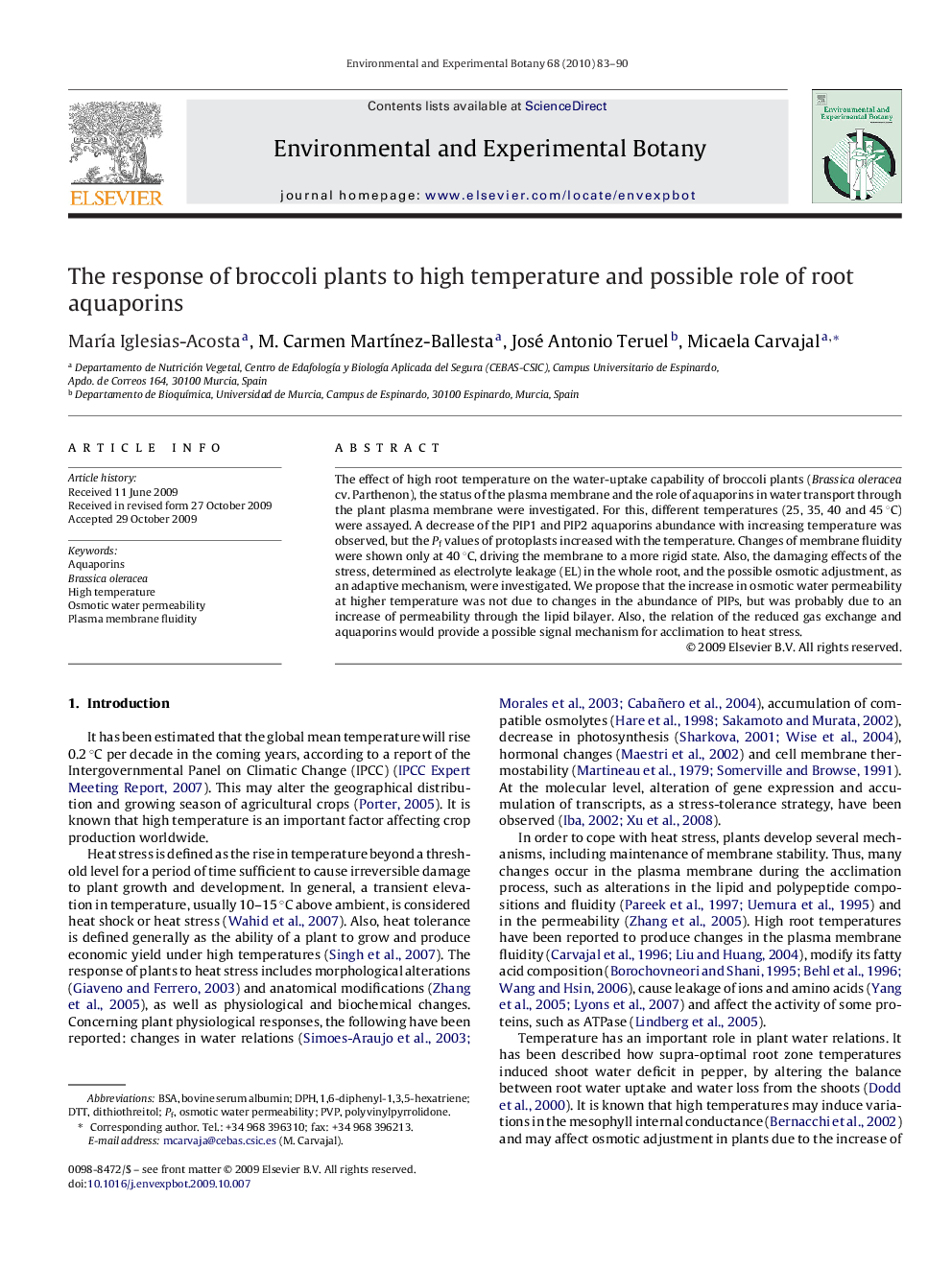 The response of broccoli plants to high temperature and possible role of root aquaporins