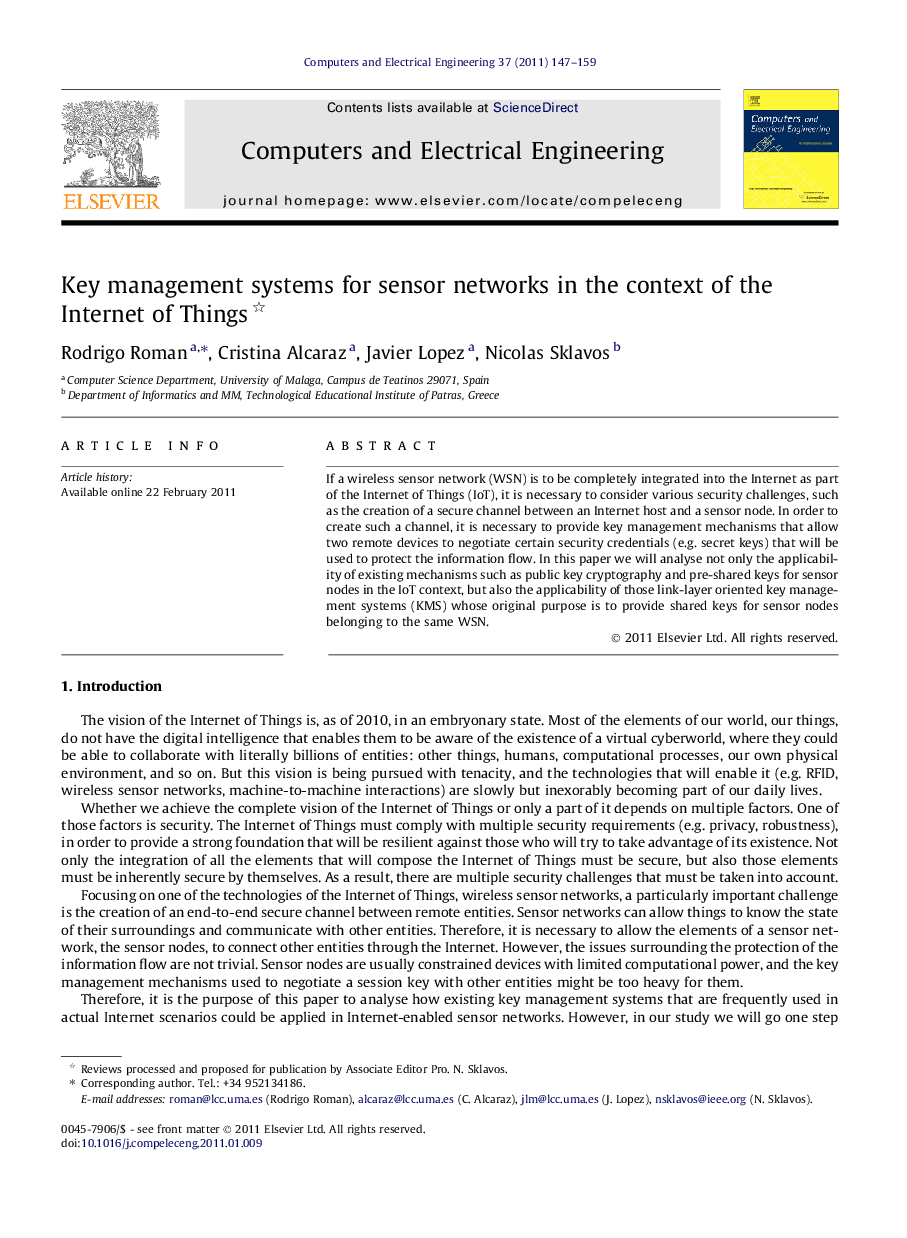 Key management systems for sensor networks in the context of the Internet of Things 