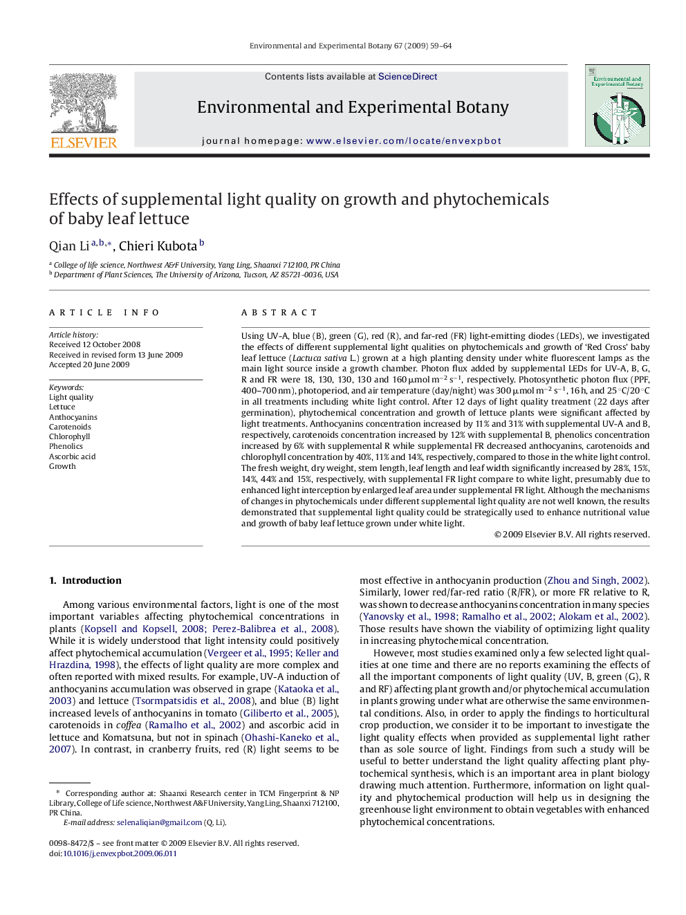 Effects of supplemental light quality on growth and phytochemicals of baby leaf lettuce