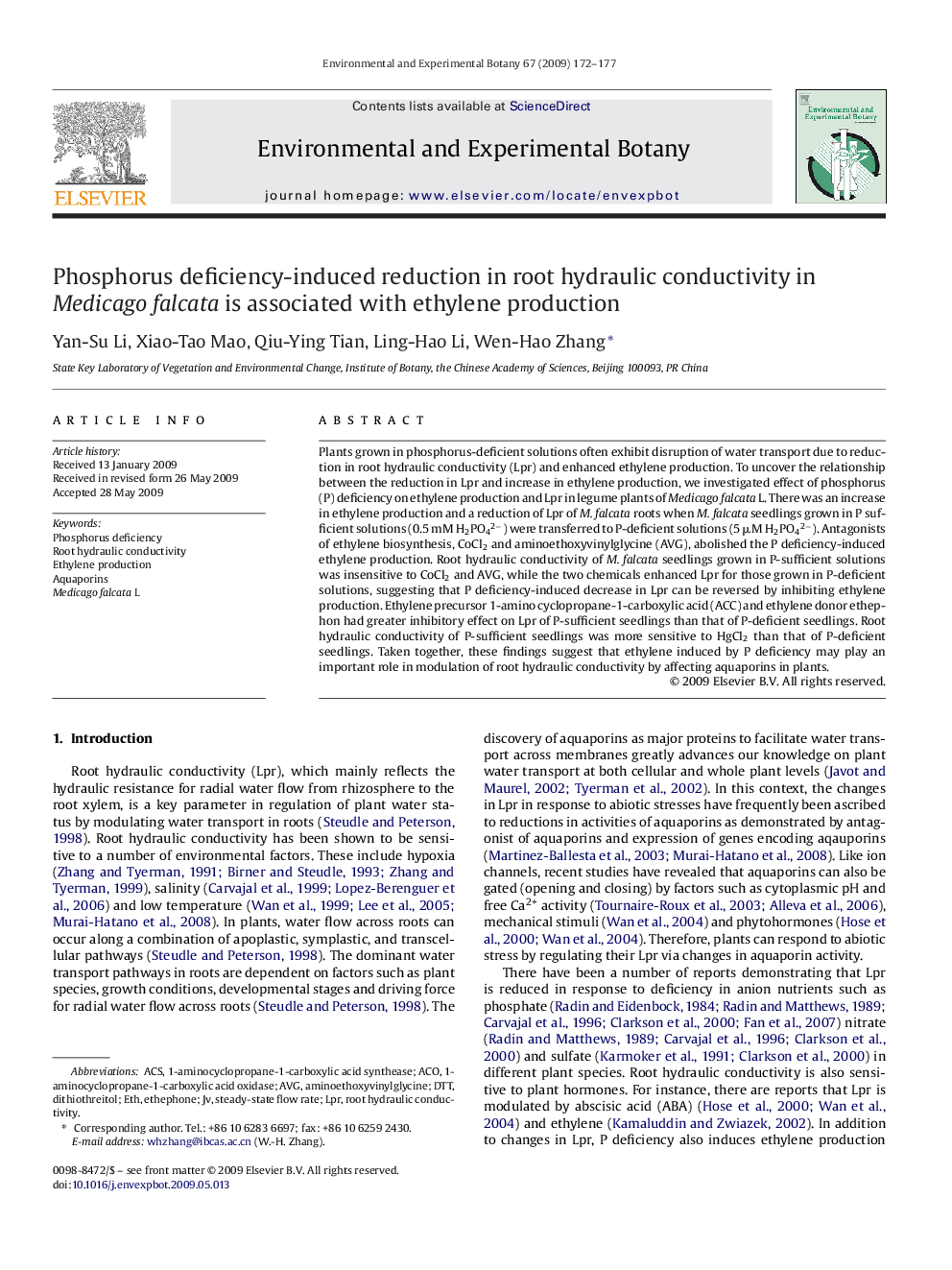 Phosphorus deficiency-induced reduction in root hydraulic conductivity in Medicago falcata is associated with ethylene production