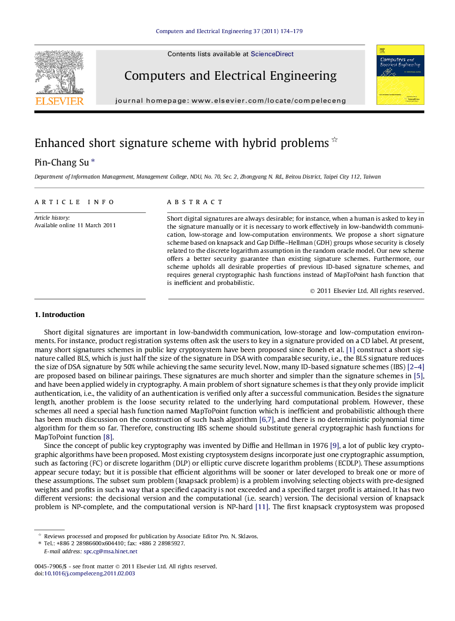 Enhanced short signature scheme with hybrid problems 