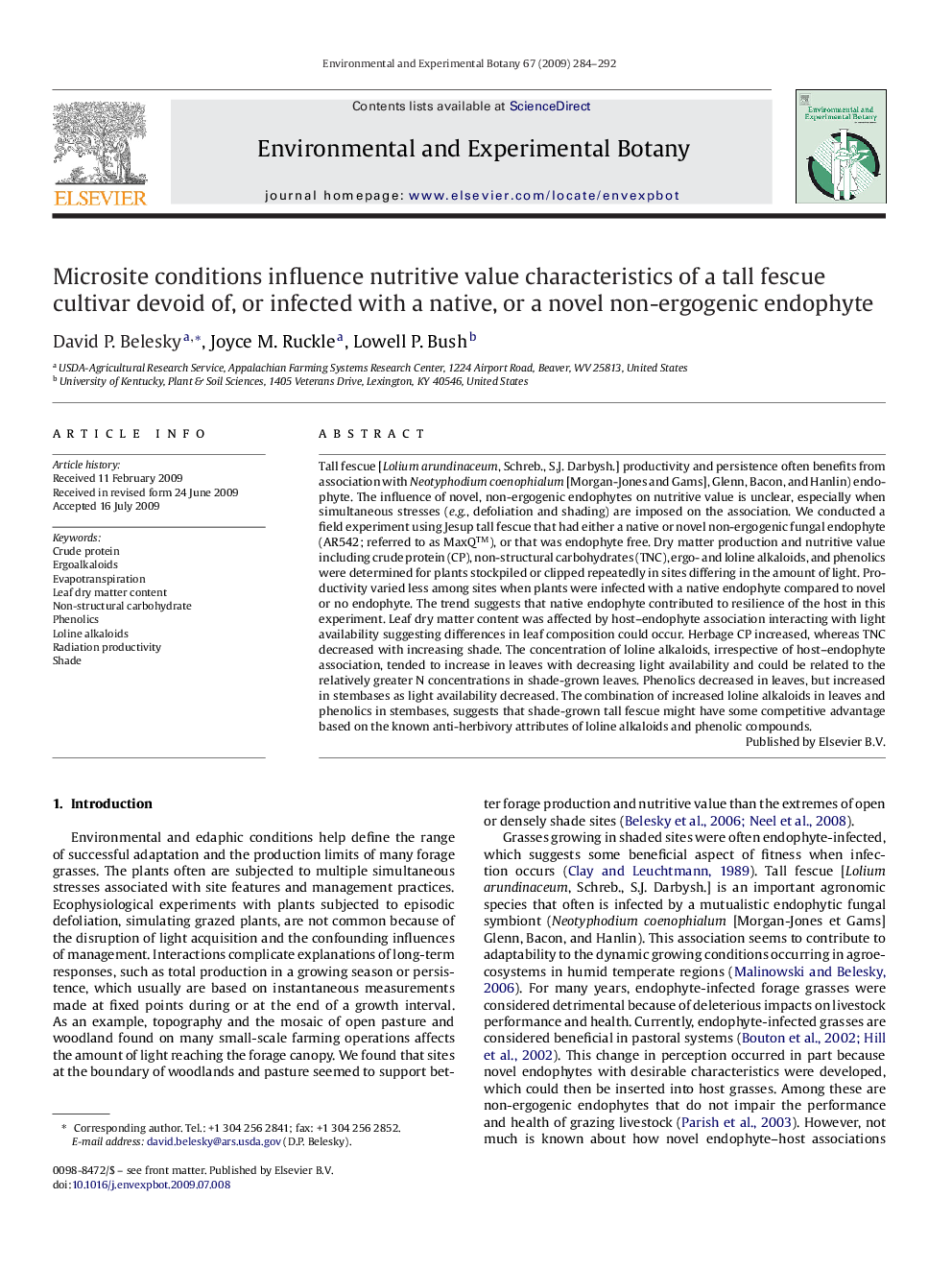 Microsite conditions influence nutritive value characteristics of a tall fescue cultivar devoid of, or infected with a native, or a novel non-ergogenic endophyte