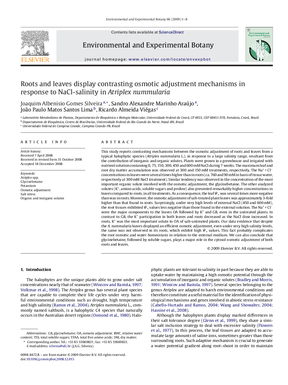 Roots and leaves display contrasting osmotic adjustment mechanisms in response to NaCl-salinity in Atriplex nummularia