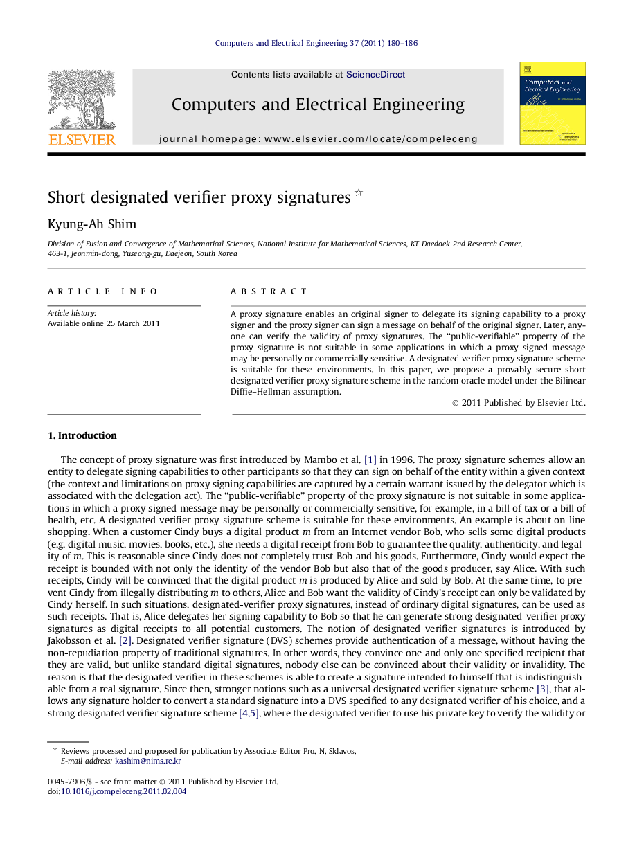 عکس صفحه اول مقاله: Short designated verifier proxy signatures Short designated verifier proxy signatures