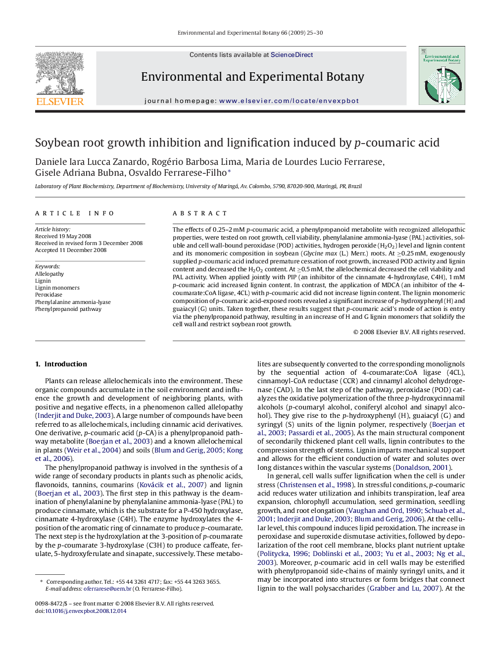 Soybean root growth inhibition and lignification induced by p-coumaric acid