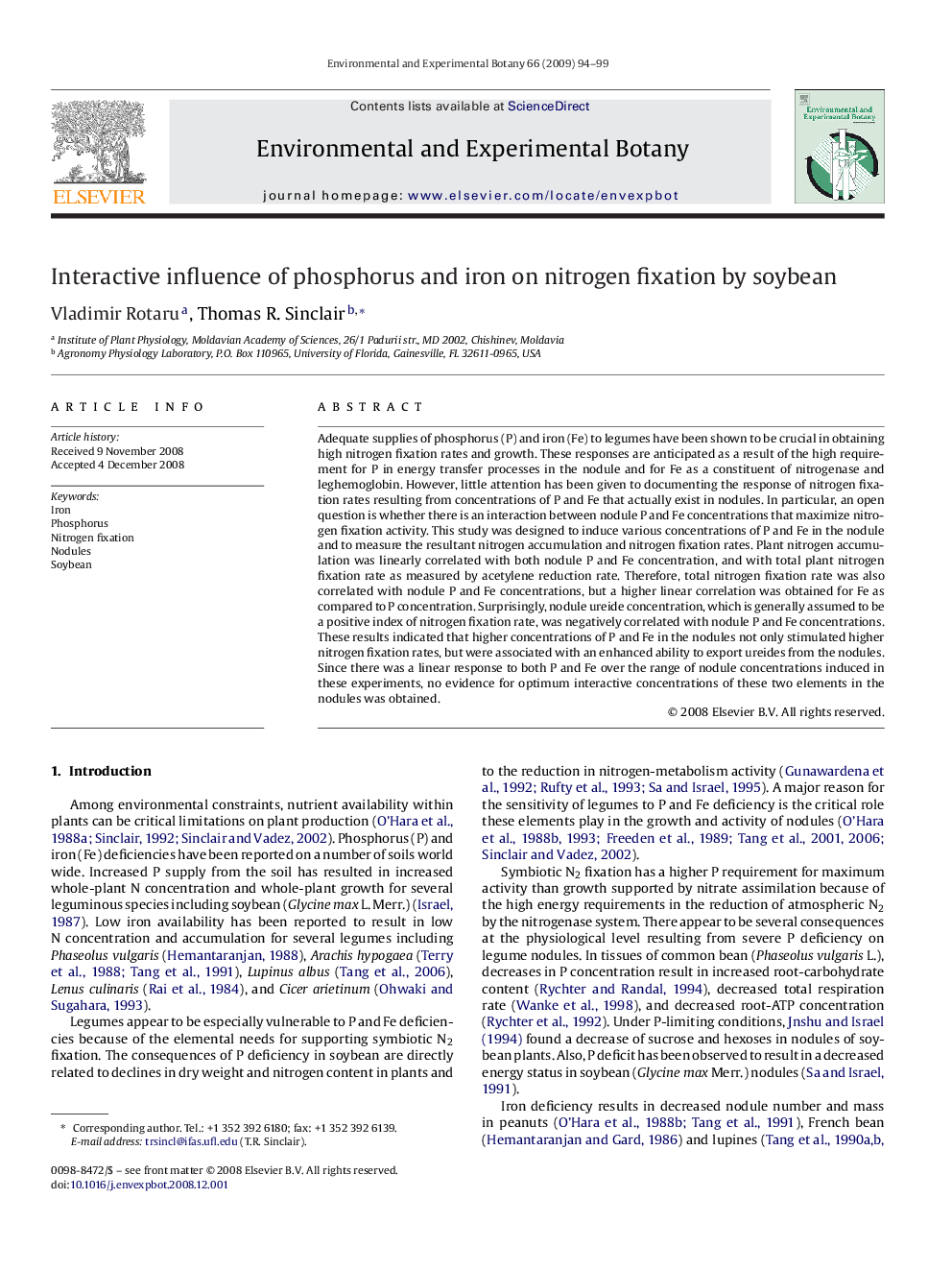 Interactive influence of phosphorus and iron on nitrogen fixation by soybean