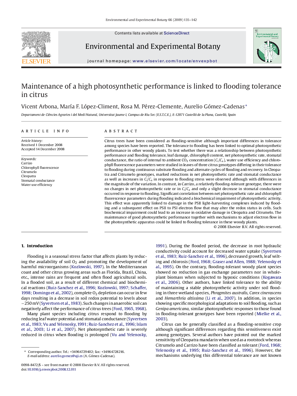 Maintenance of a high photosynthetic performance is linked to flooding tolerance in citrus