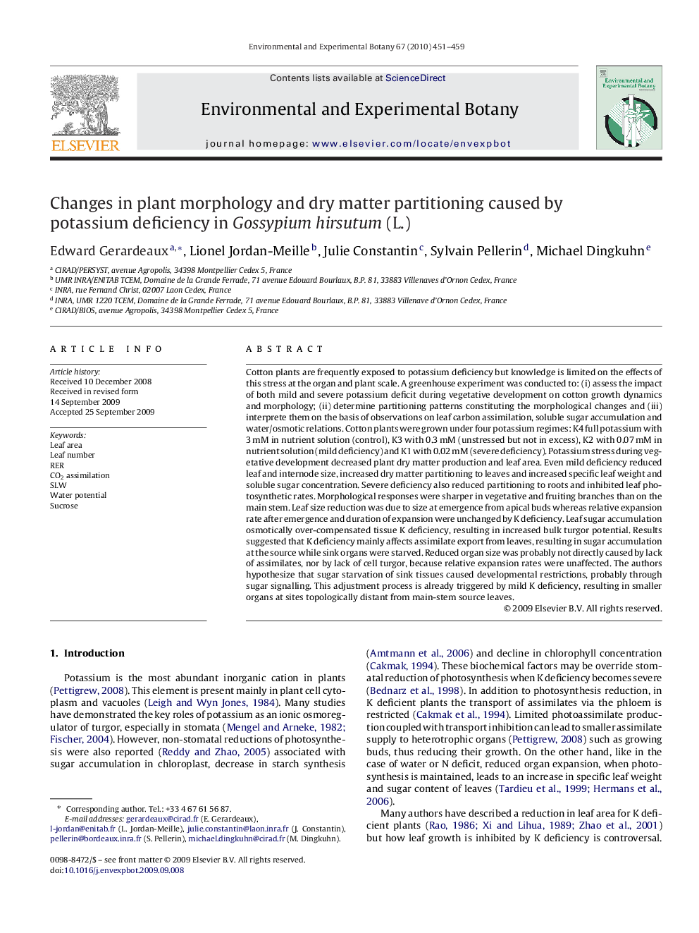 Changes in plant morphology and dry matter partitioning caused by potassium deficiency in Gossypium hirsutum (L.)