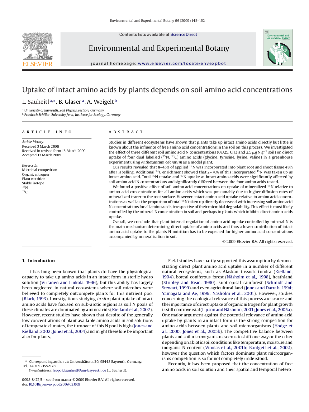 Uptake of intact amino acids by plants depends on soil amino acid concentrations