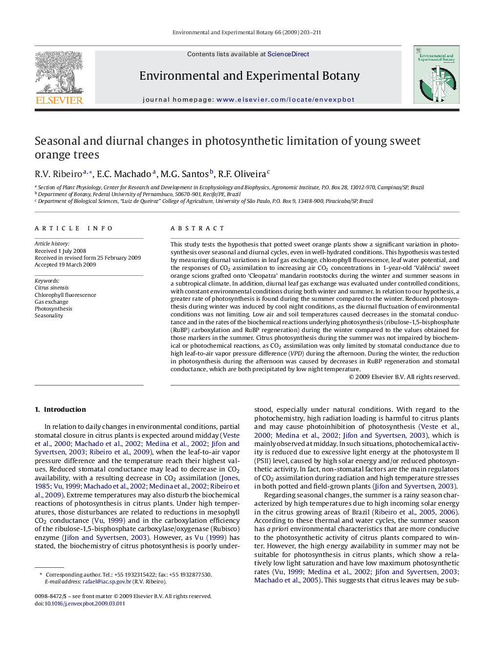 Seasonal and diurnal changes in photosynthetic limitation of young sweet orange trees