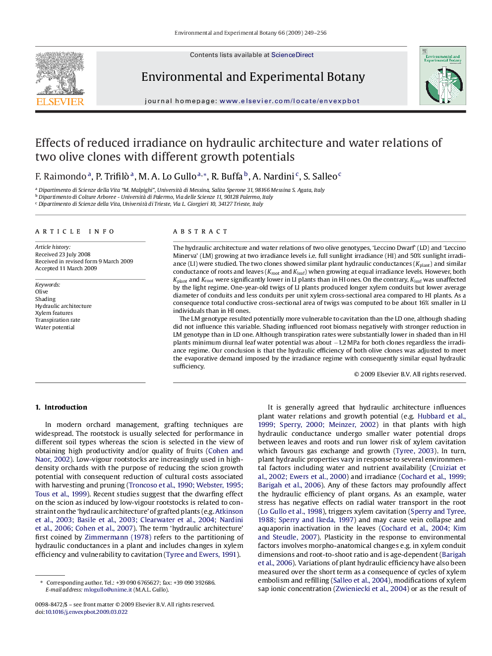 Effects of reduced irradiance on hydraulic architecture and water relations of two olive clones with different growth potentials