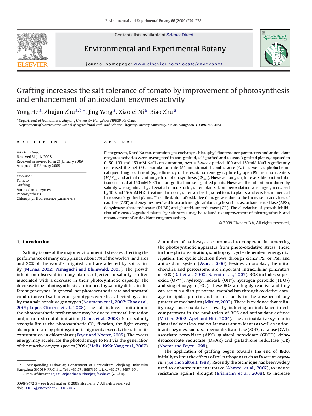 Grafting increases the salt tolerance of tomato by improvement of photosynthesis and enhancement of antioxidant enzymes activity