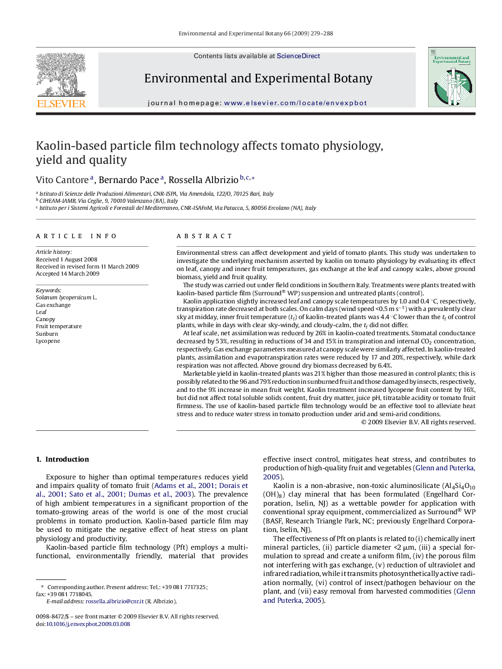 Kaolin-based particle film technology affects tomato physiology, yield and quality