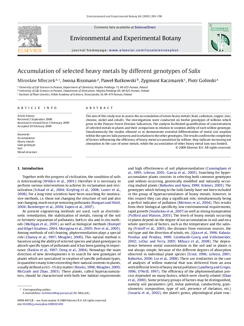 Accumulation of selected heavy metals by different genotypes of Salix