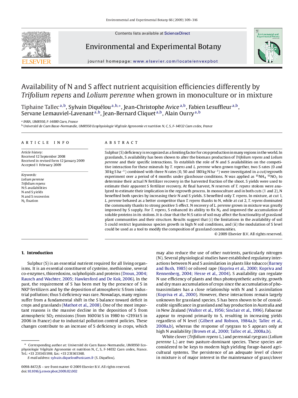 Availability of N and S affect nutrient acquisition efficiencies differently by Trifolium repens and Lolium perenne when grown in monoculture or in mixture