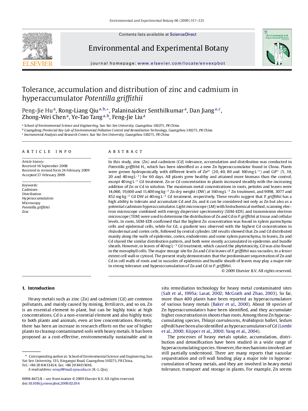 Tolerance, accumulation and distribution of zinc and cadmium in hyperaccumulator Potentilla griffithii