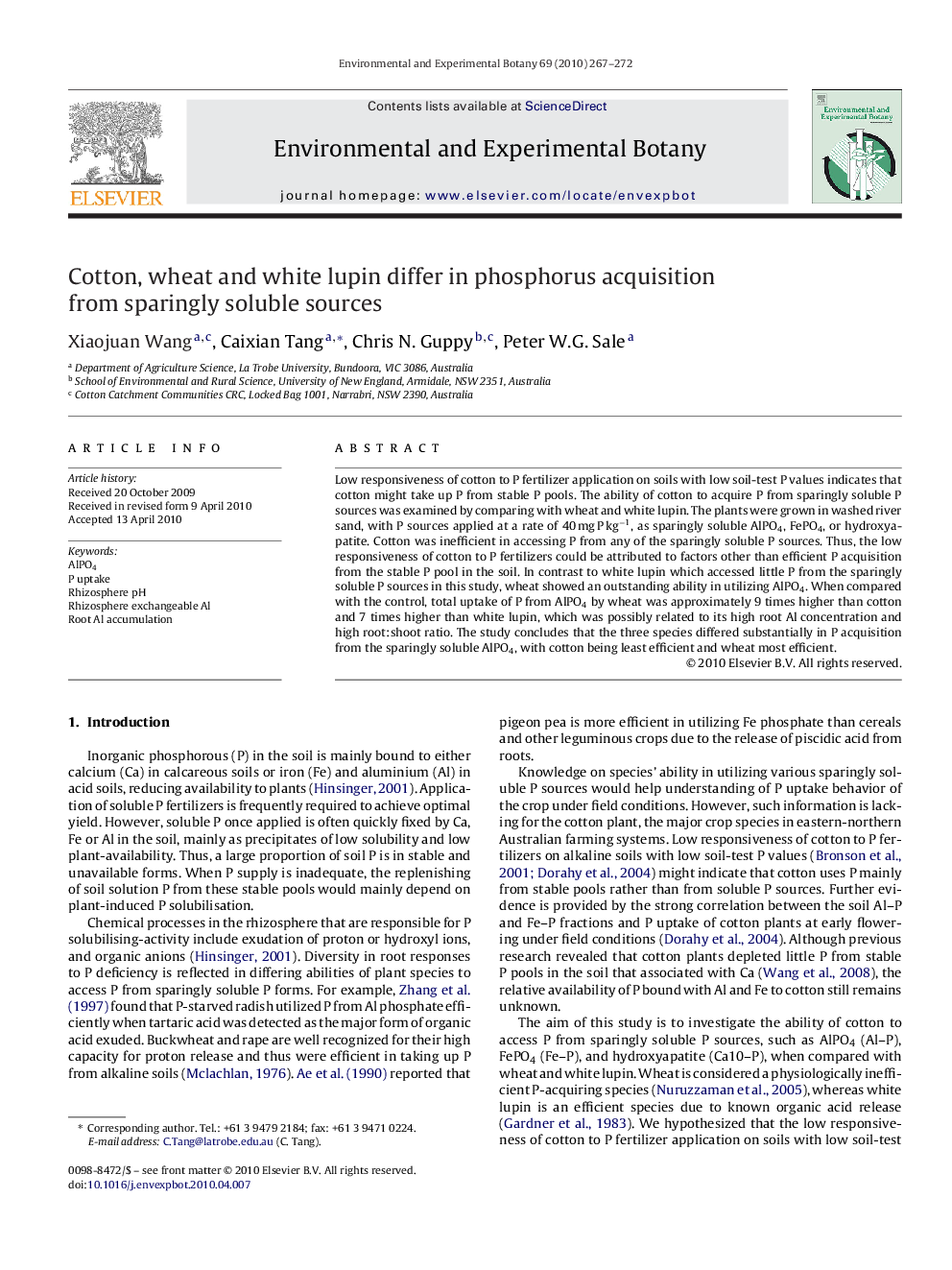 Cotton, wheat and white lupin differ in phosphorus acquisition from sparingly soluble sources