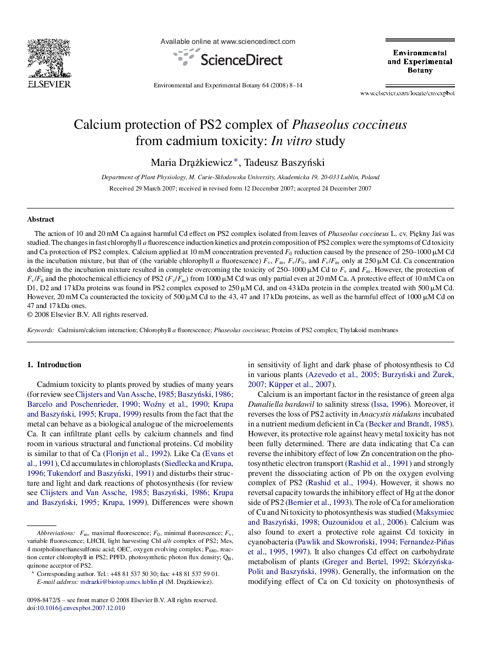 Calcium protection of PS2 complex of Phaseolus coccineus from cadmium toxicity: In vitro study