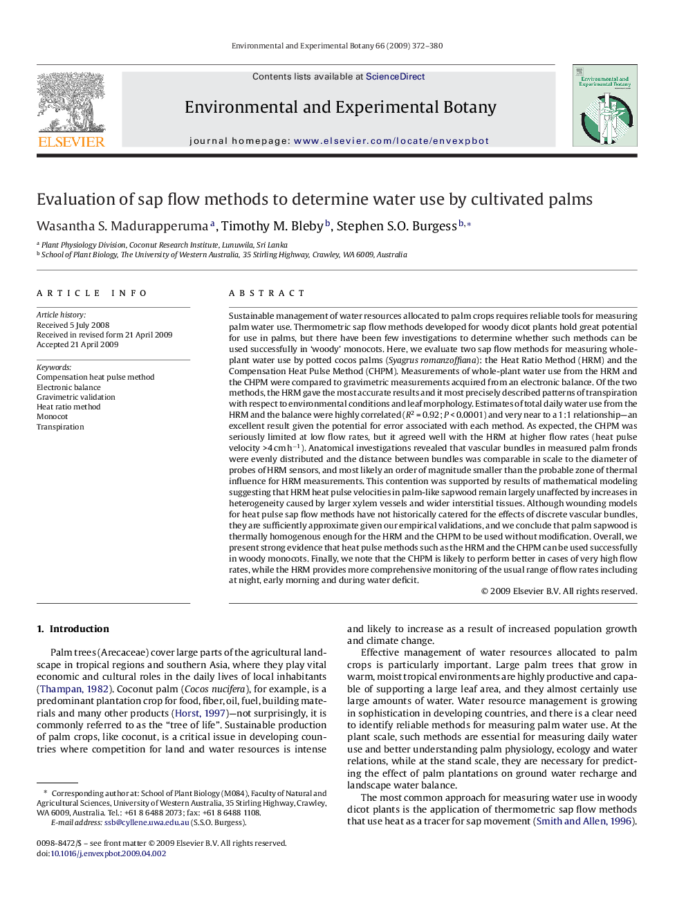 Evaluation of sap flow methods to determine water use by cultivated palms