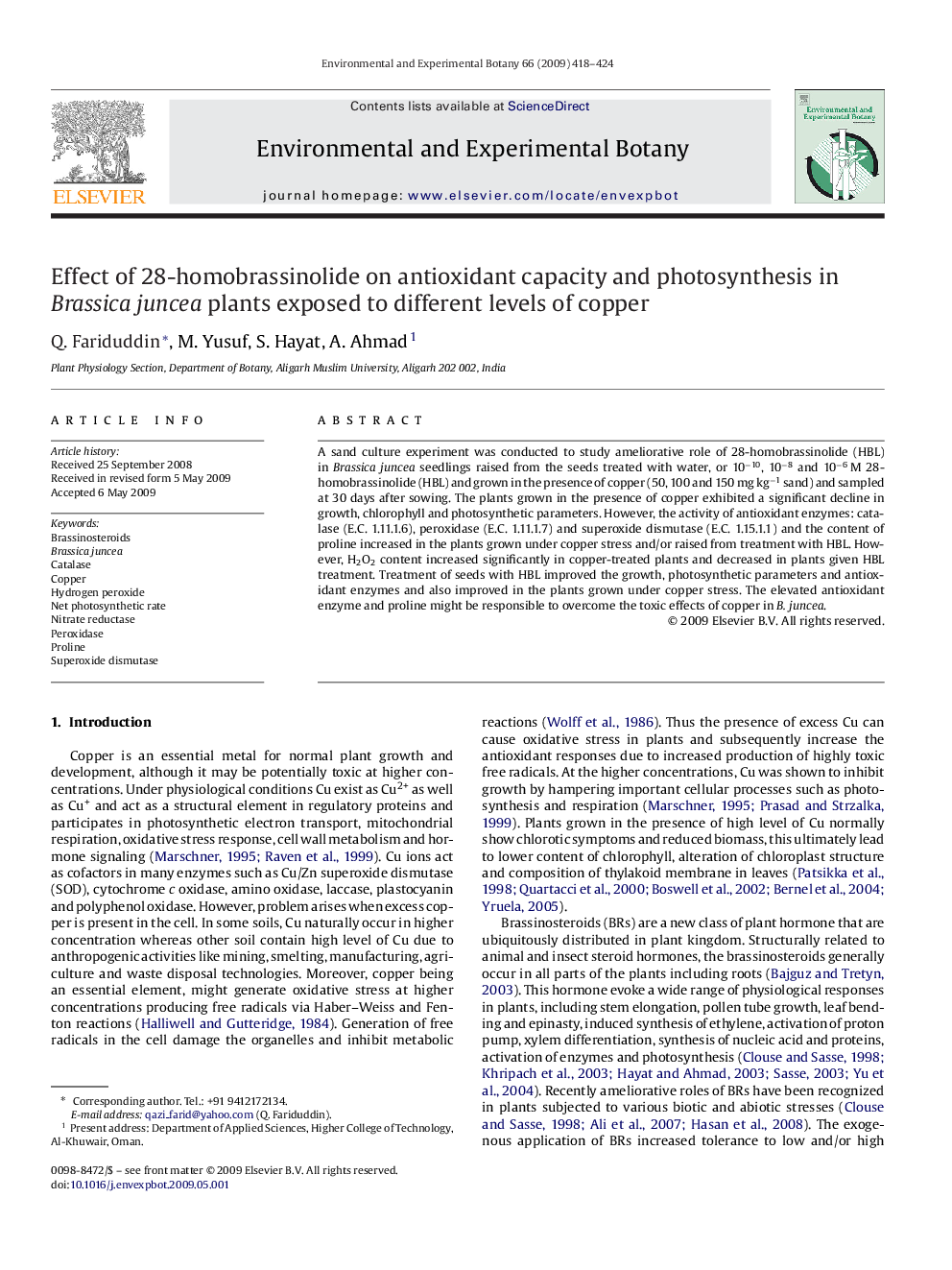 Effect of 28-homobrassinolide on antioxidant capacity and photosynthesis in Brassica juncea plants exposed to different levels of copper