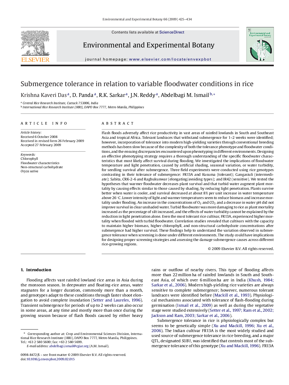 Submergence tolerance in relation to variable floodwater conditions in rice