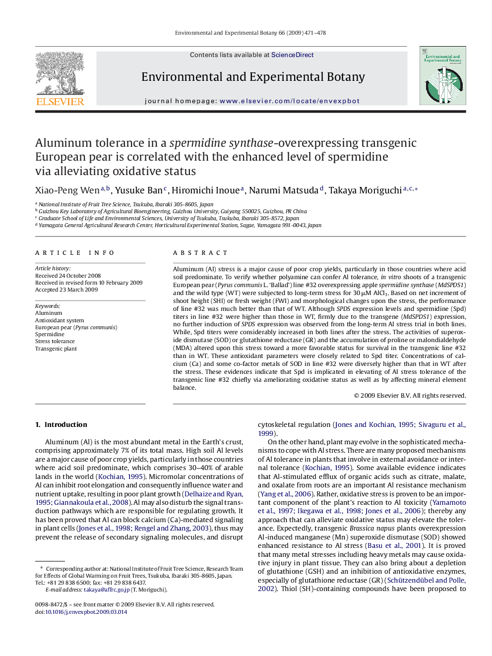 Aluminum tolerance in a spermidine synthase-overexpressing transgenic European pear is correlated with the enhanced level of spermidine via alleviating oxidative status