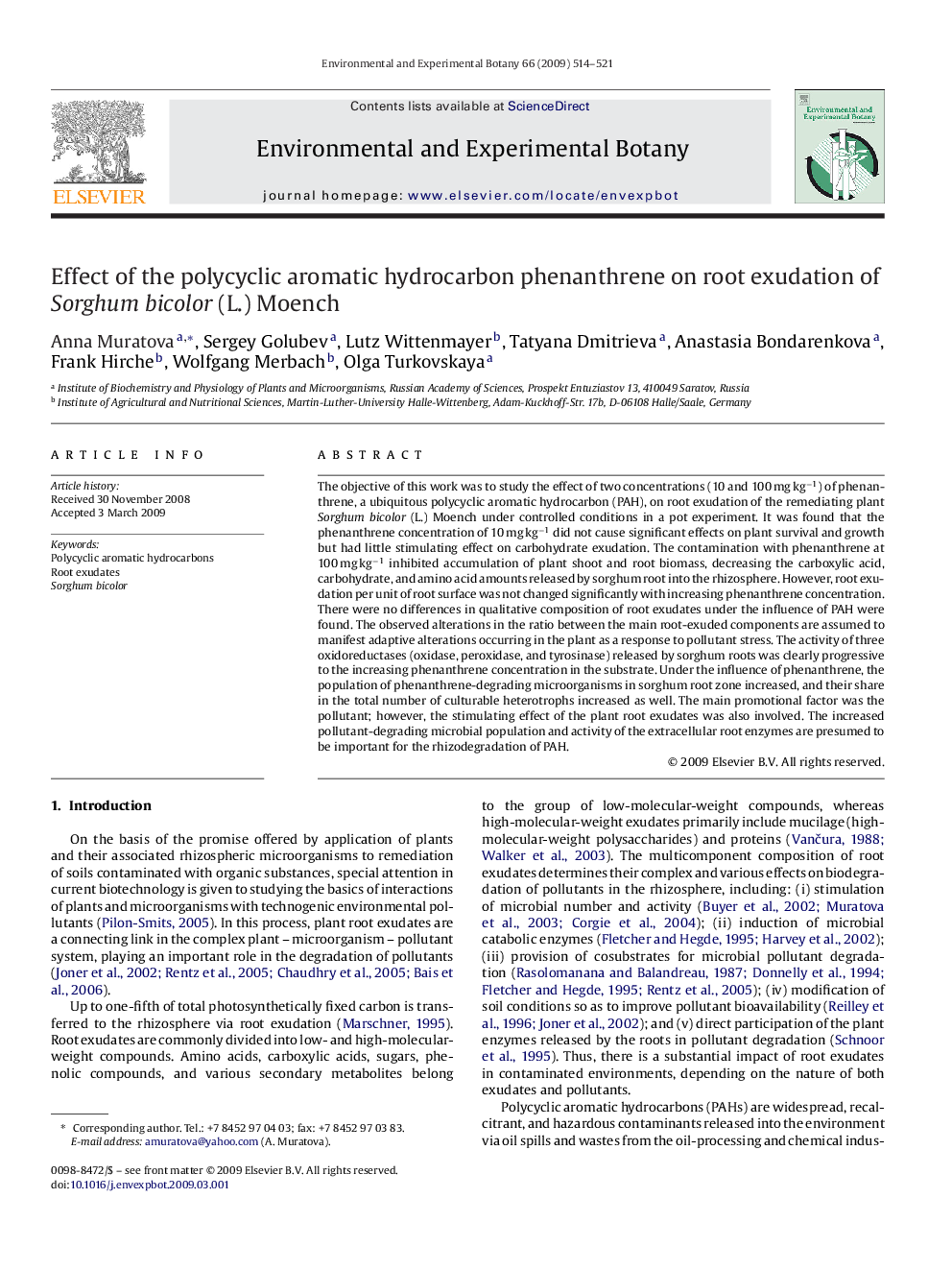 Effect of the polycyclic aromatic hydrocarbon phenanthrene on root exudation of Sorghum bicolor (L.) Moench