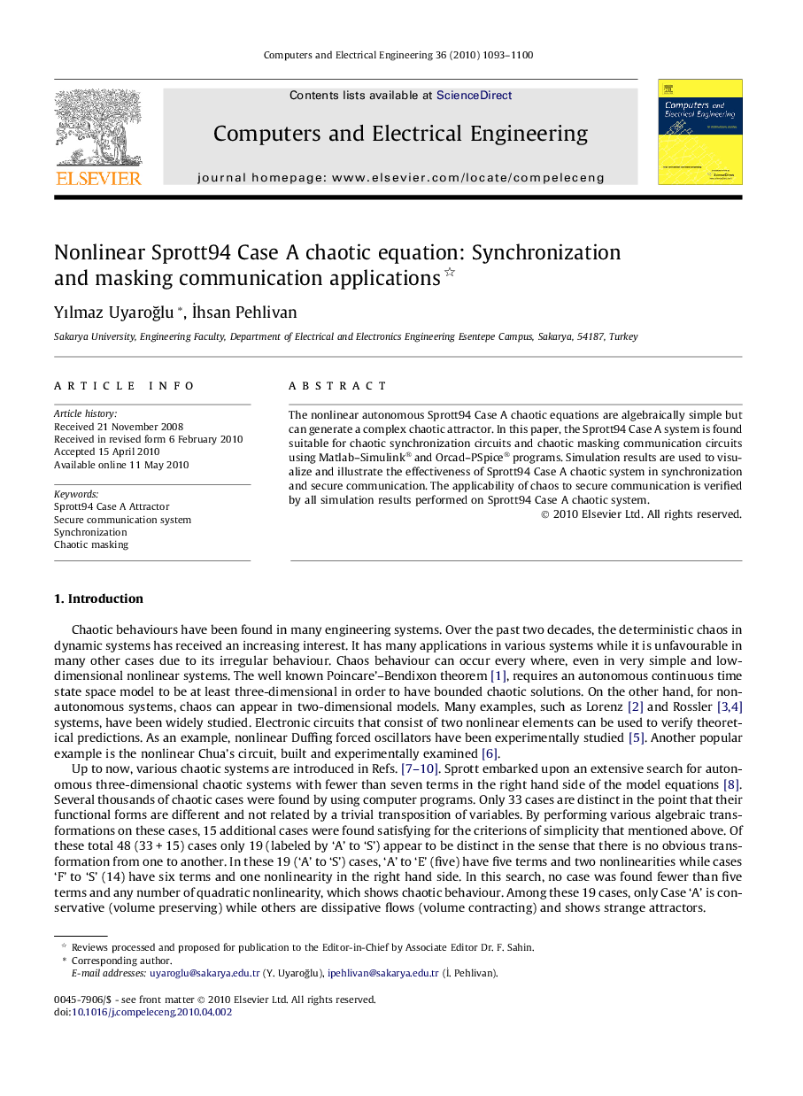 Nonlinear Sprott94 Case A chaotic equation: Synchronization and masking communication applications 