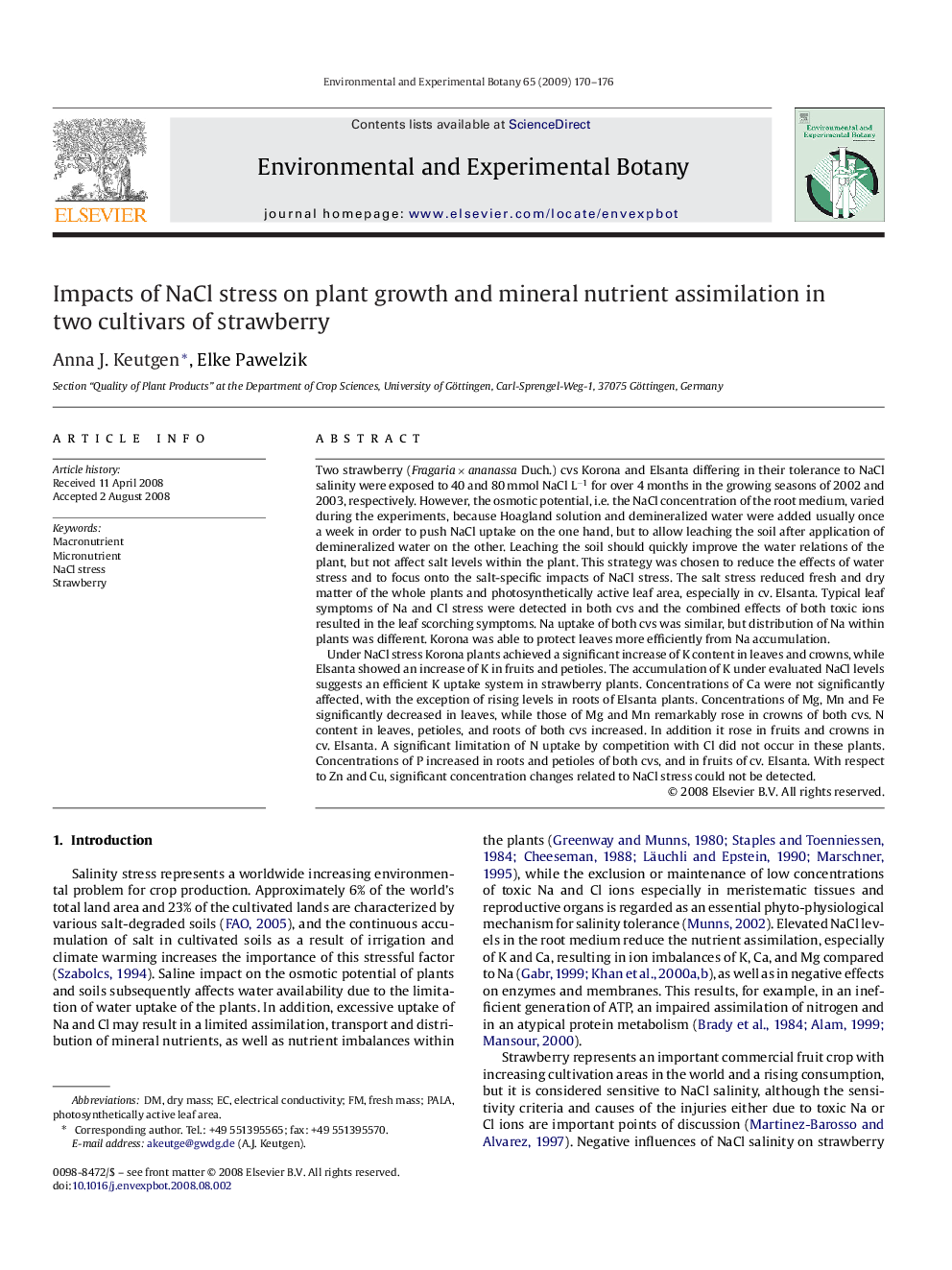 عکس صفحه اول مقاله: Impacts of NaCl stress on plant growth and mineral nutrient assimilation in two cultivars of strawberry Impacts of NaCl stress on plant growth and mineral nutrient assimilation in two cultivars of strawberry