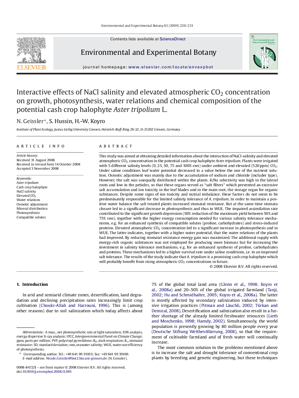 Interactive effects of NaCl salinity and elevated atmospheric CO2 concentration on growth, photosynthesis, water relations and chemical composition of the potential cash crop halophyte Aster tripolium L.