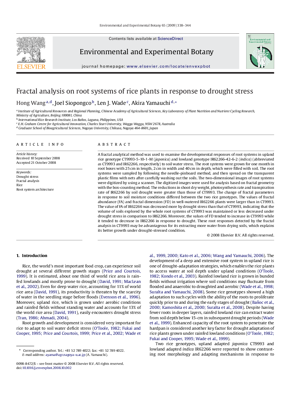 Fractal analysis on root systems of rice plants in response to drought stress