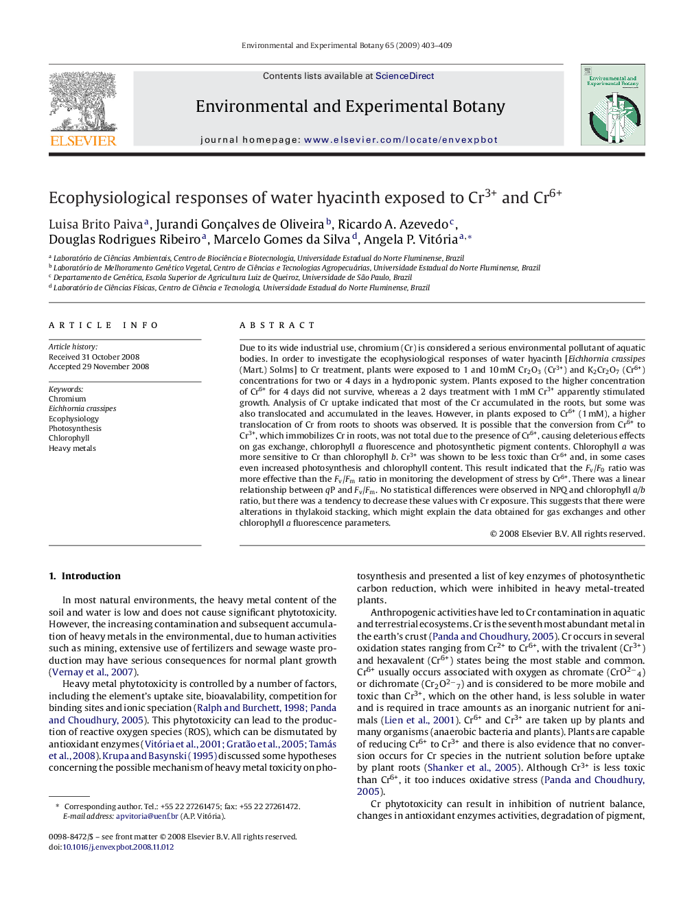 Ecophysiological responses of water hyacinth exposed to Cr3+ and Cr6+