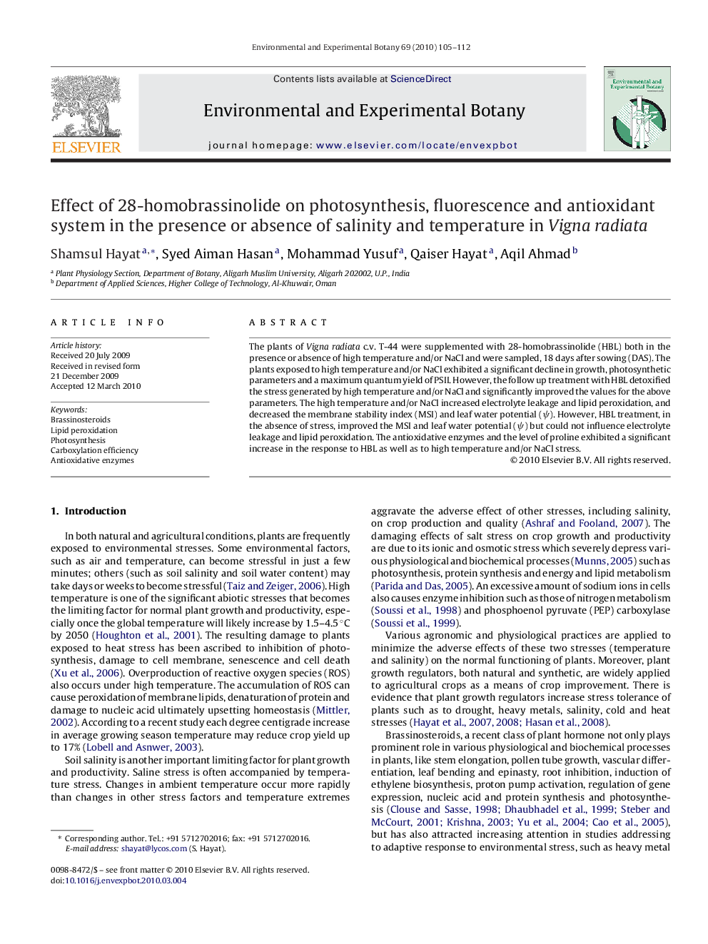 Effect of 28-homobrassinolide on photosynthesis, fluorescence and antioxidant system in the presence or absence of salinity and temperature in Vigna radiata