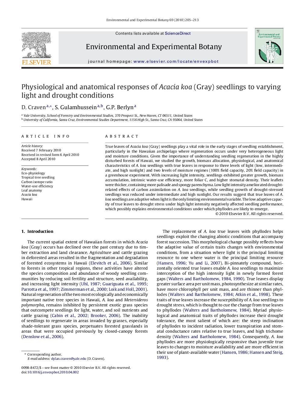 Physiological and anatomical responses of Acacia koa (Gray) seedlings to varying light and drought conditions