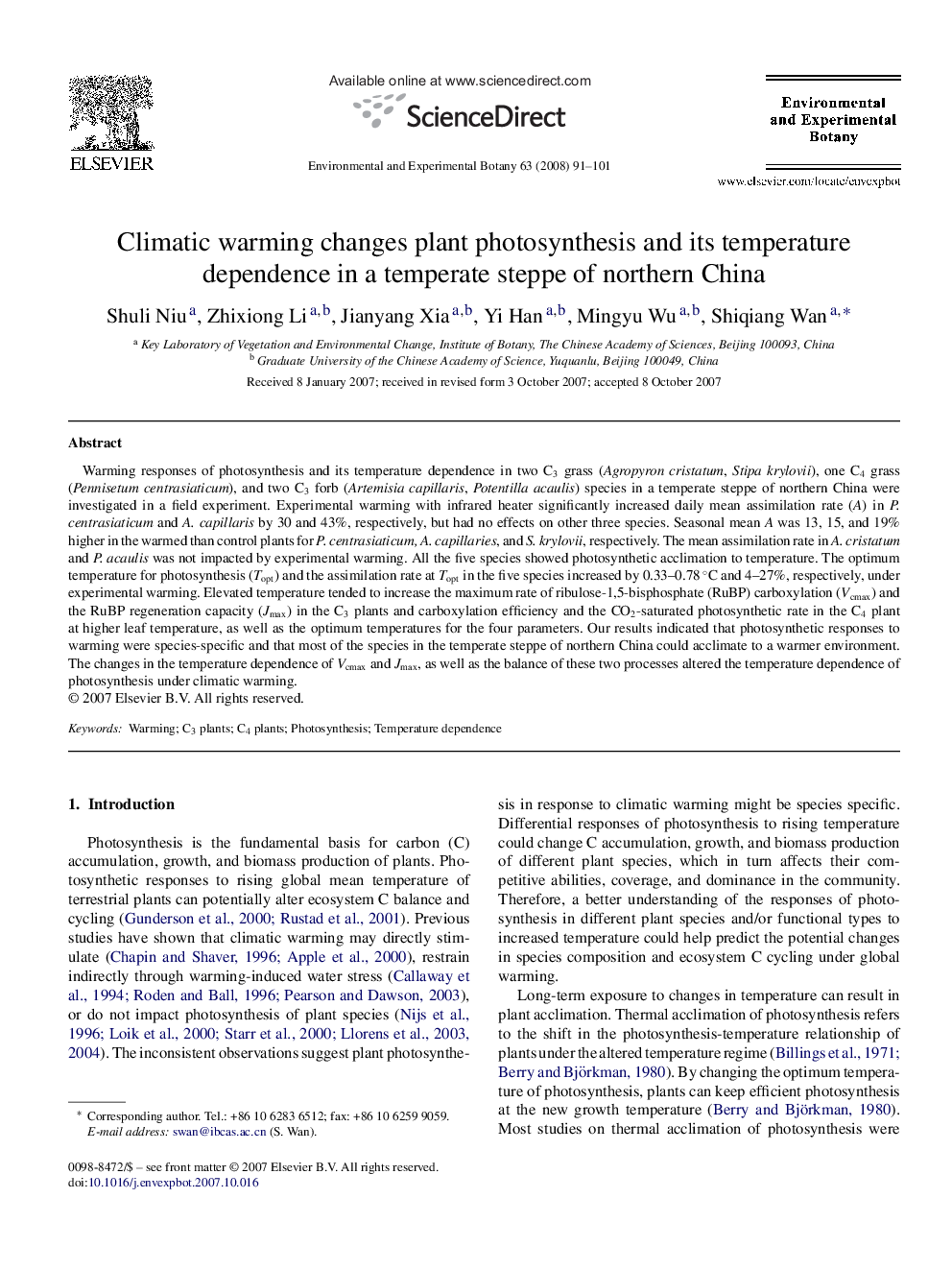 Climatic warming changes plant photosynthesis and its temperature dependence in a temperate steppe of northern China