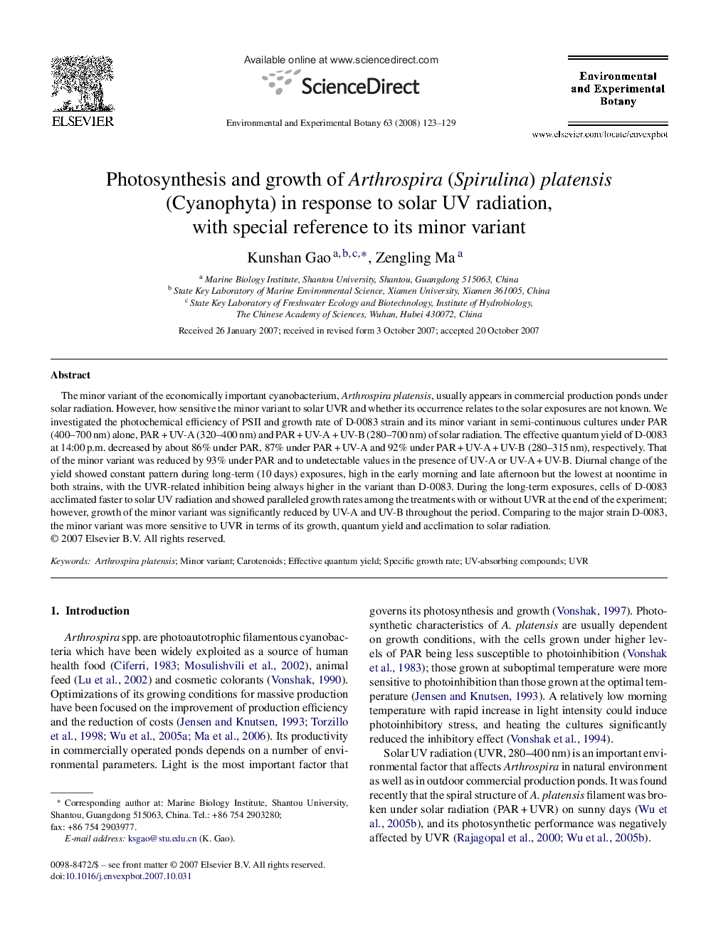 Photosynthesis and growth of Arthrospira (Spirulina) platensis (Cyanophyta) in response to solar UV radiation, with special reference to its minor variant