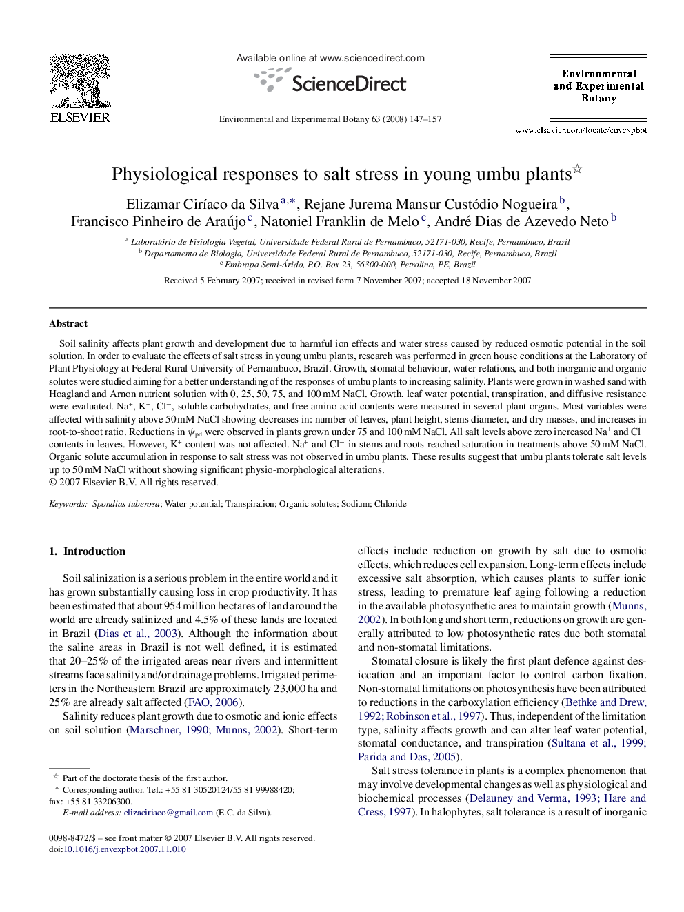 Physiological responses to salt stress in young umbu plants 