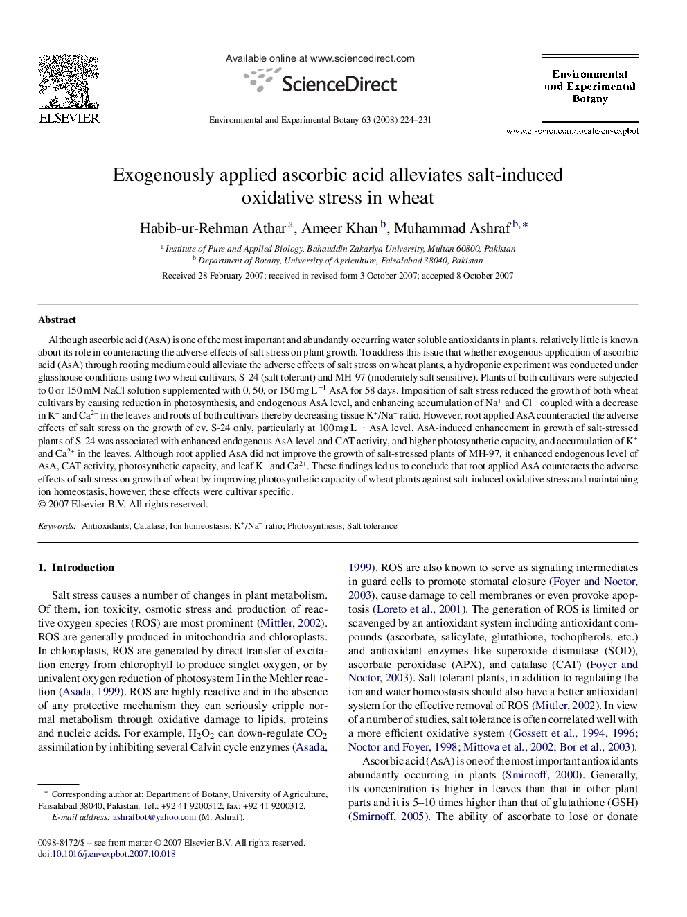 Exogenously applied ascorbic acid alleviates salt-induced oxidative stress in wheat