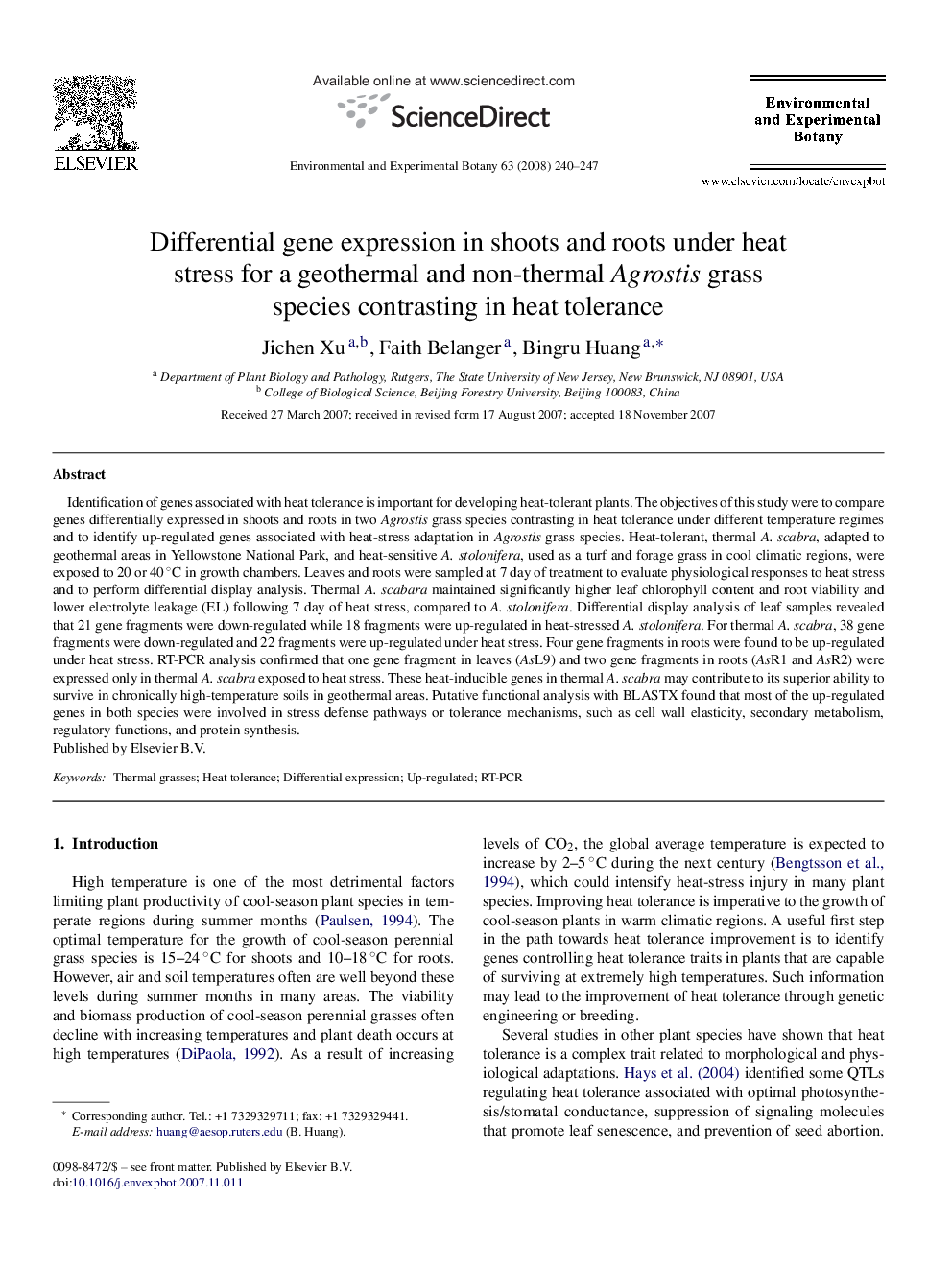 Differential gene expression in shoots and roots under heat stress for a geothermal and non-thermal Agrostis grass species contrasting in heat tolerance