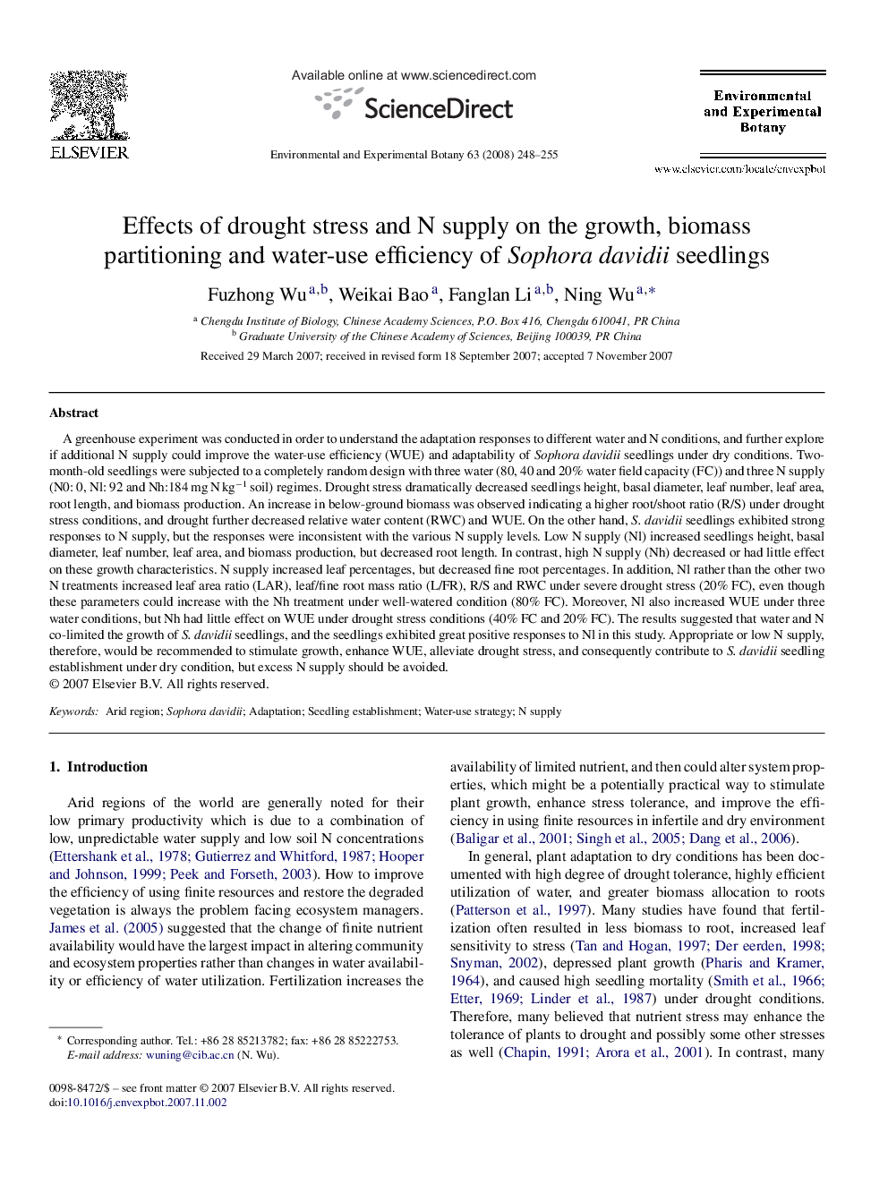 Effects of drought stress and N supply on the growth, biomass partitioning and water-use efficiency of Sophora davidii seedlings