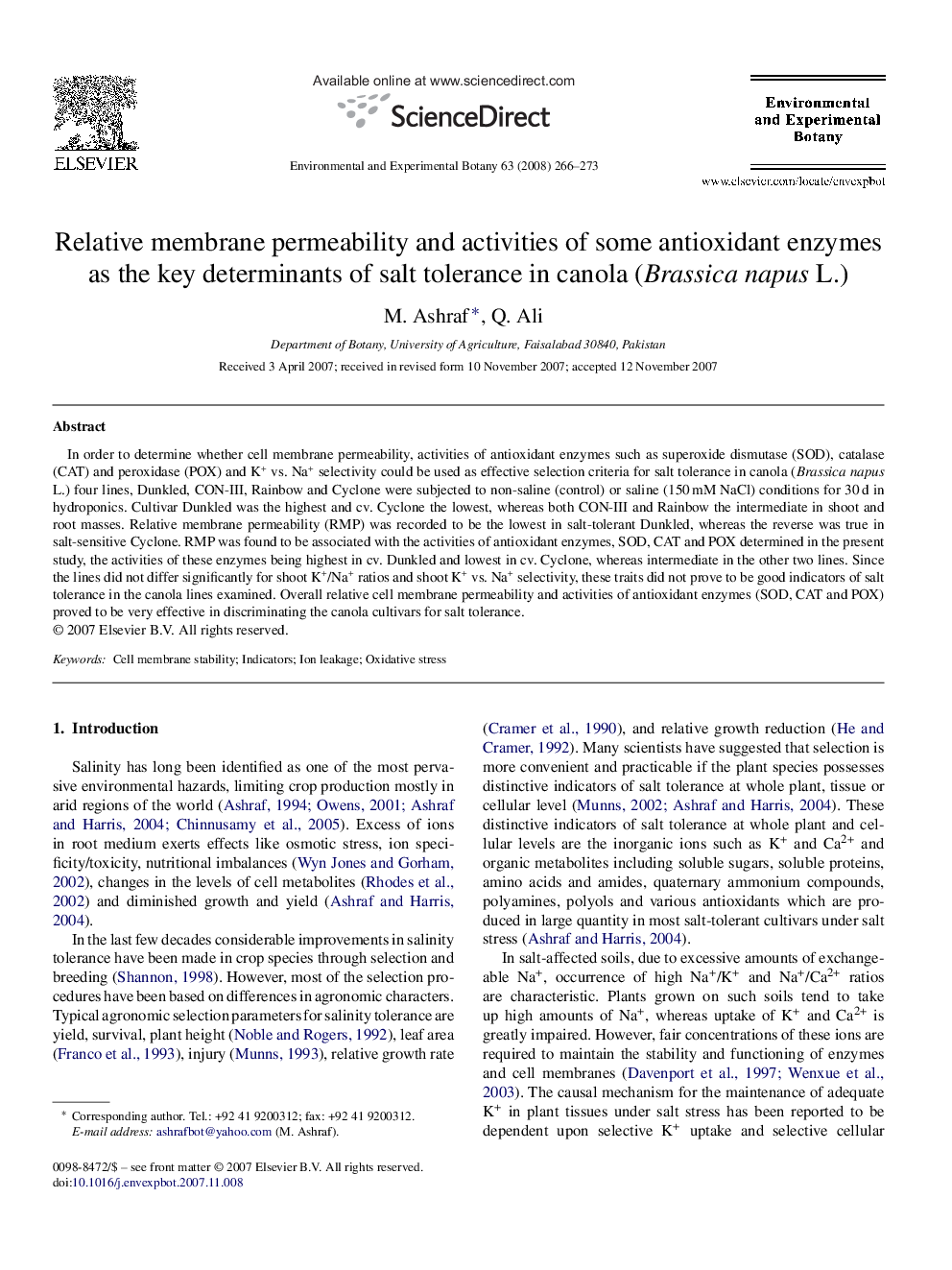 Relative membrane permeability and activities of some antioxidant enzymes as the key determinants of salt tolerance in canola (Brassica napus L.)