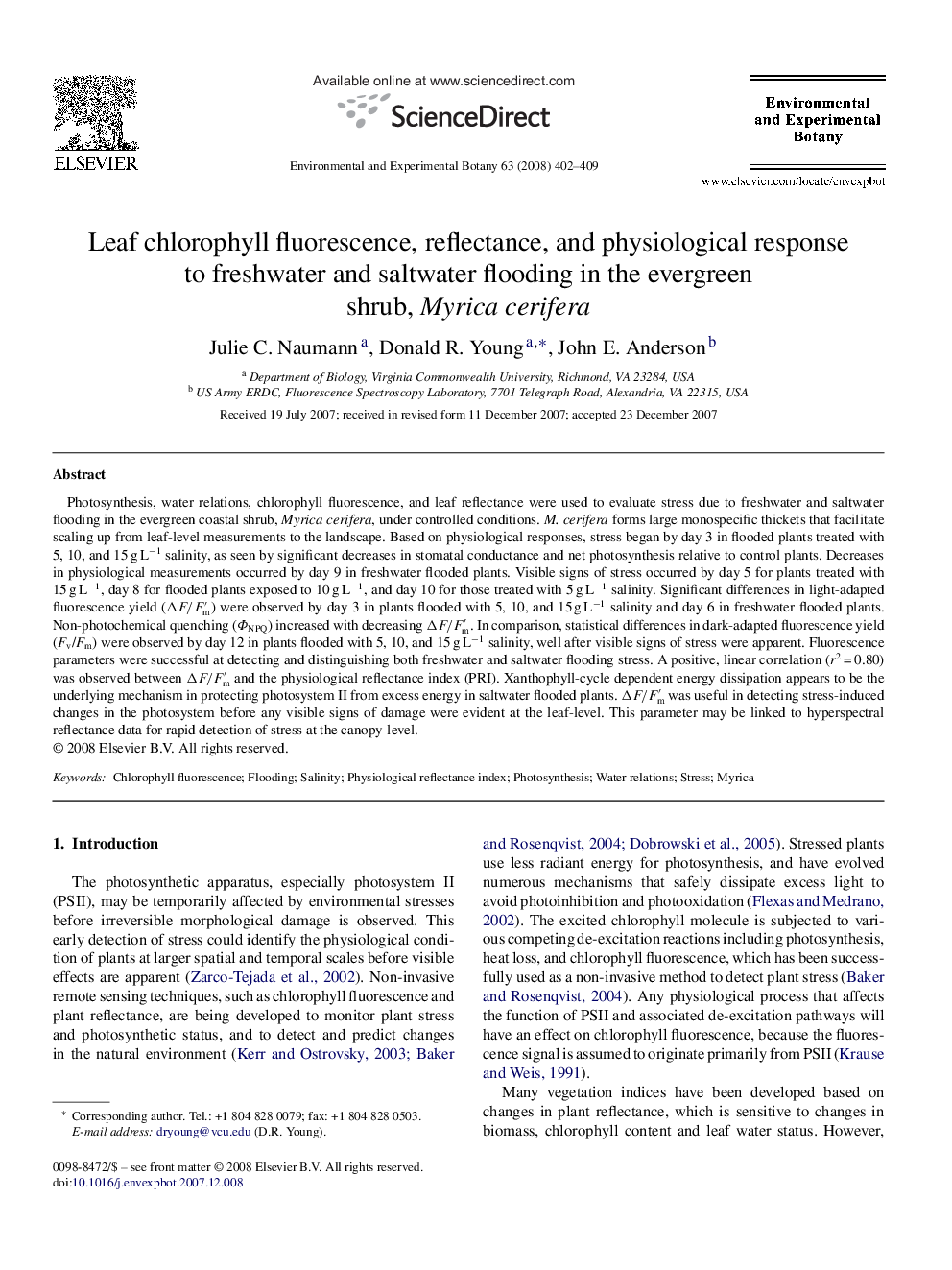 Leaf chlorophyll fluorescence, reflectance, and physiological response to freshwater and saltwater flooding in the evergreen shrub, Myrica cerifera