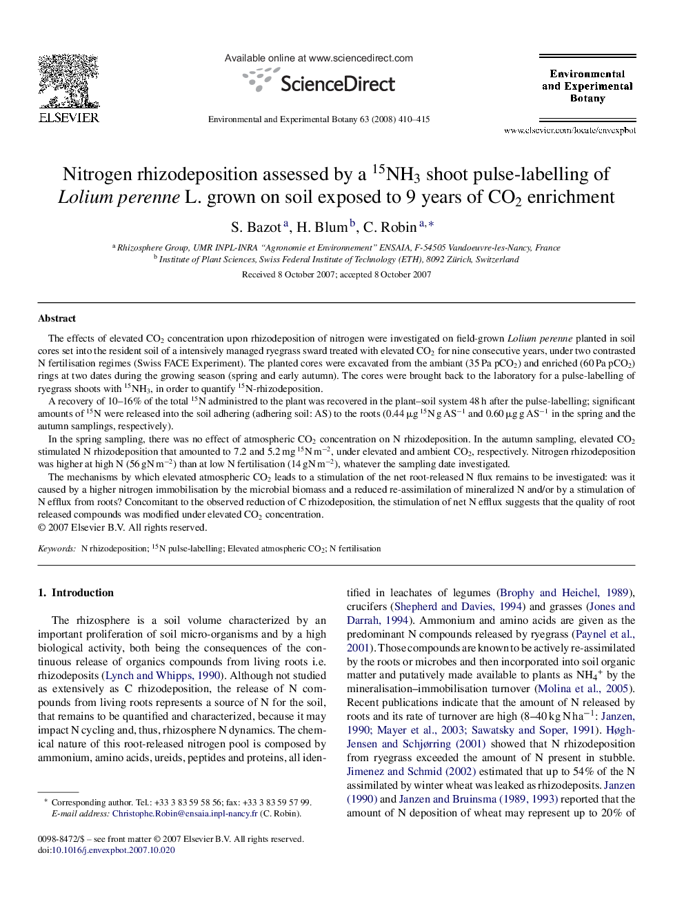 Nitrogen rhizodeposition assessed by a 15NH3 shoot pulse-labelling of Lolium perenne L. grown on soil exposed to 9 years of CO2 enrichment