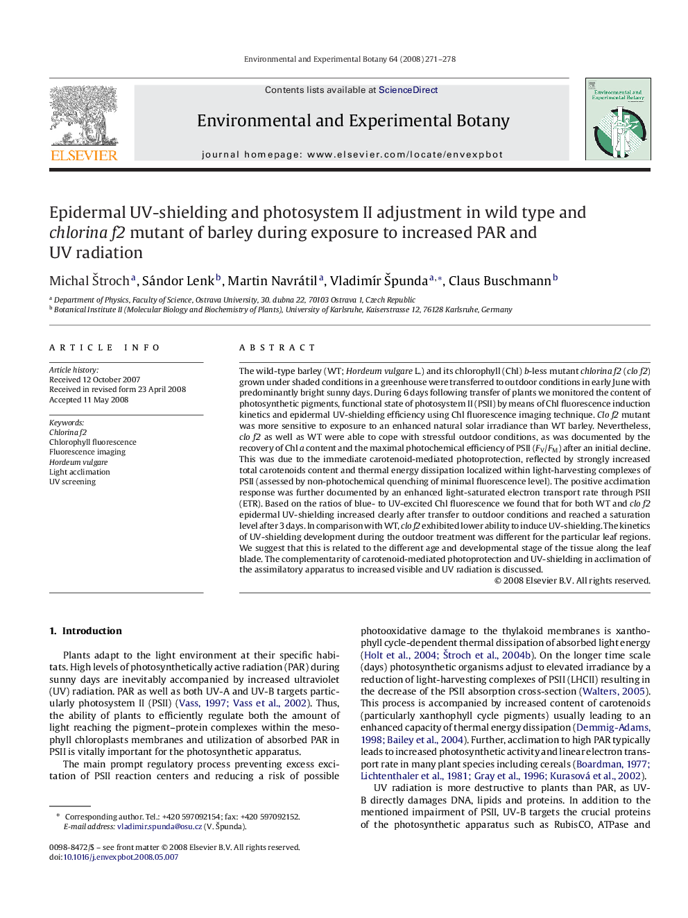 Epidermal UV-shielding and photosystem II adjustment in wild type and chlorina f2 mutant of barley during exposure to increased PAR and UV radiation