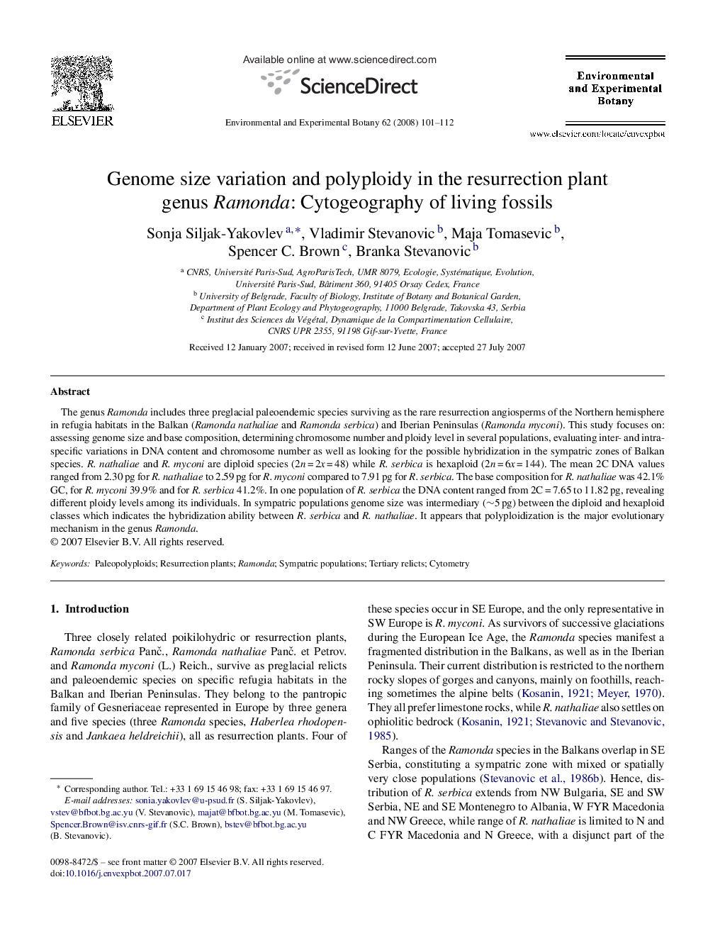 عکس صفحه اول مقاله: Genome size variation and polyploidy in the resurrection plant genus Ramonda: Cytogeography of living fossils Genome size variation and polyploidy in the resurrection plant genus Ramonda: Cytogeography of living fossils