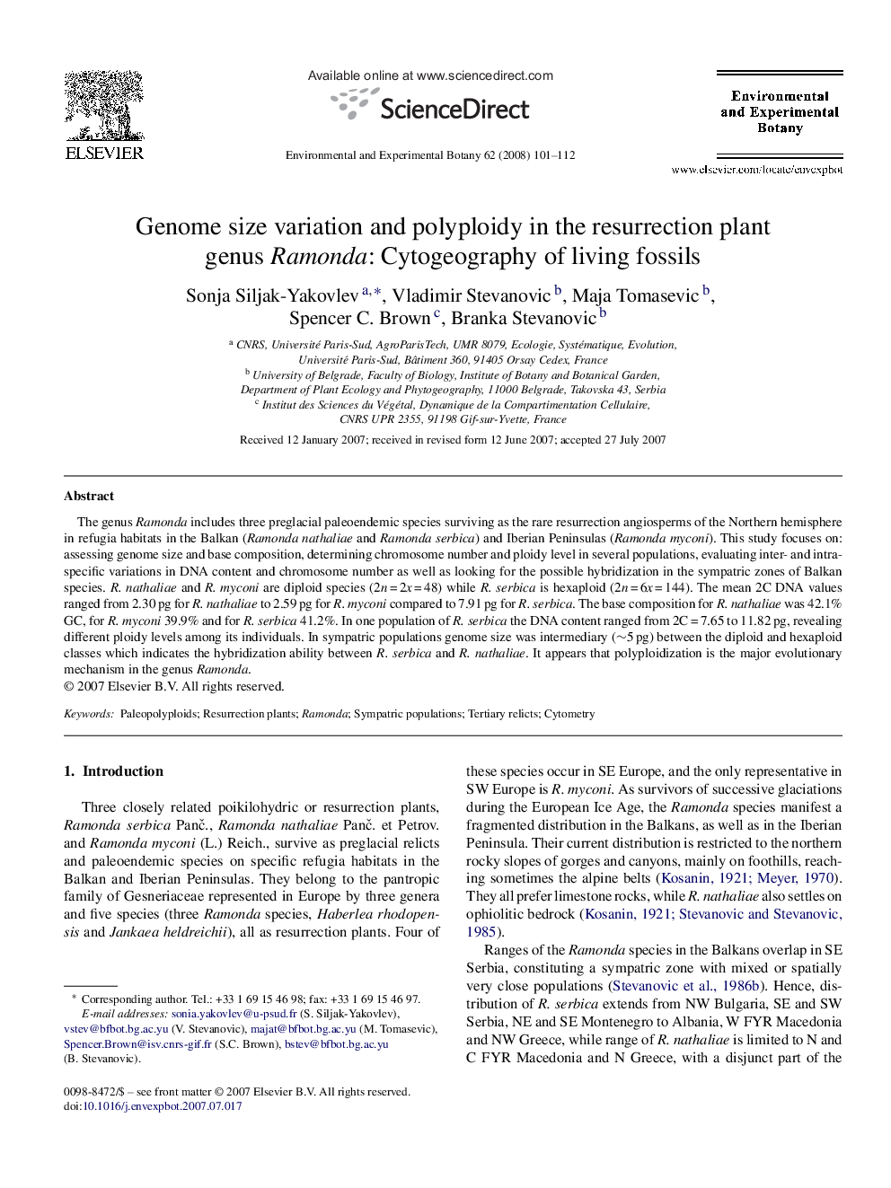 Genome size variation and polyploidy in the resurrection plant genus Ramonda: Cytogeography of living fossils