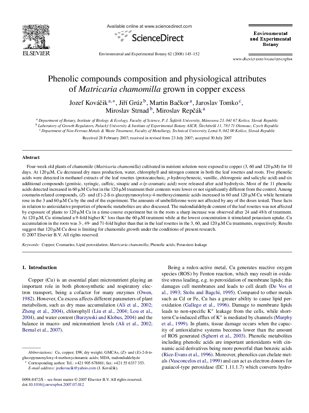 Phenolic compounds composition and physiological attributes of Matricaria chamomilla grown in copper excess