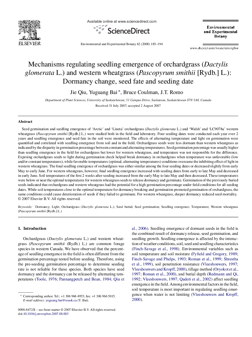 Mechanisms regulating seedling emergence of orchardgrass (Dactylis glomerata L.) and western wheatgrass (Pascopyrum smithii [Rydb.] L.): Dormancy change, seed fate and seeding date