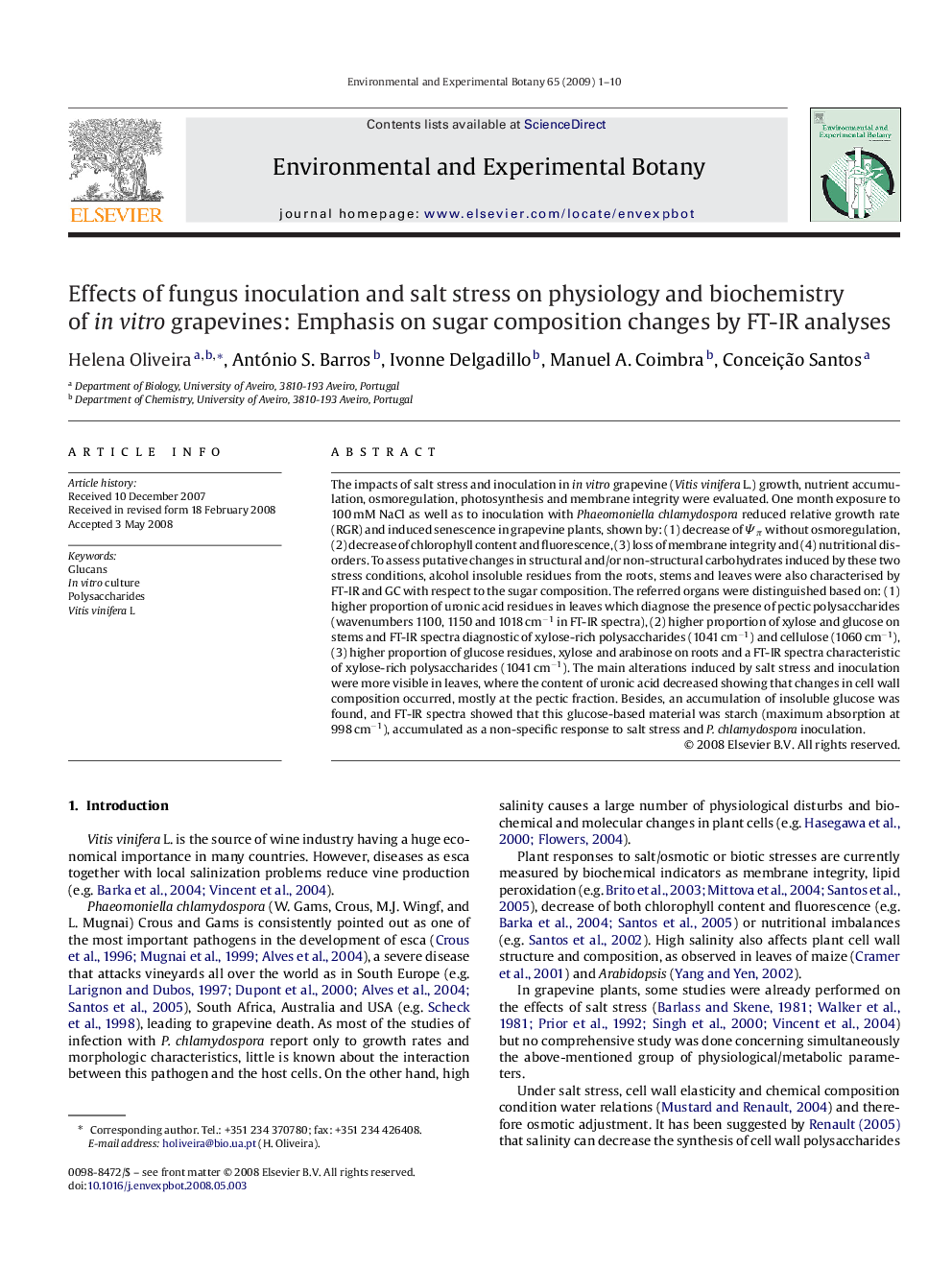 Effects of fungus inoculation and salt stress on physiology and biochemistry of in vitro grapevines: Emphasis on sugar composition changes by FT-IR analyses